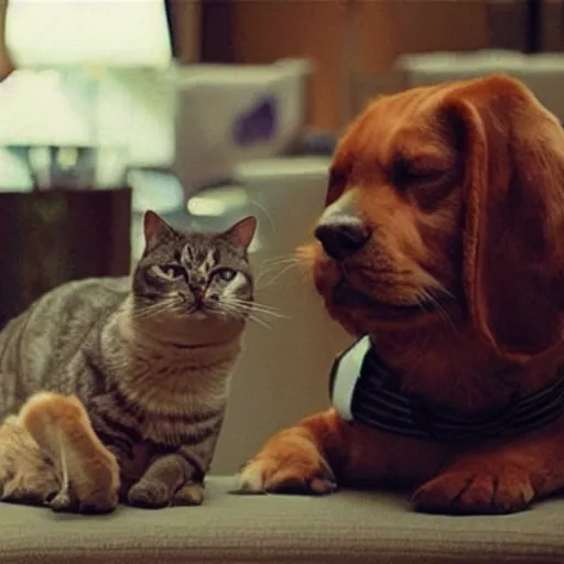 A dog looking curiously in the mirror, seeing a cat. : r/ImagenAI