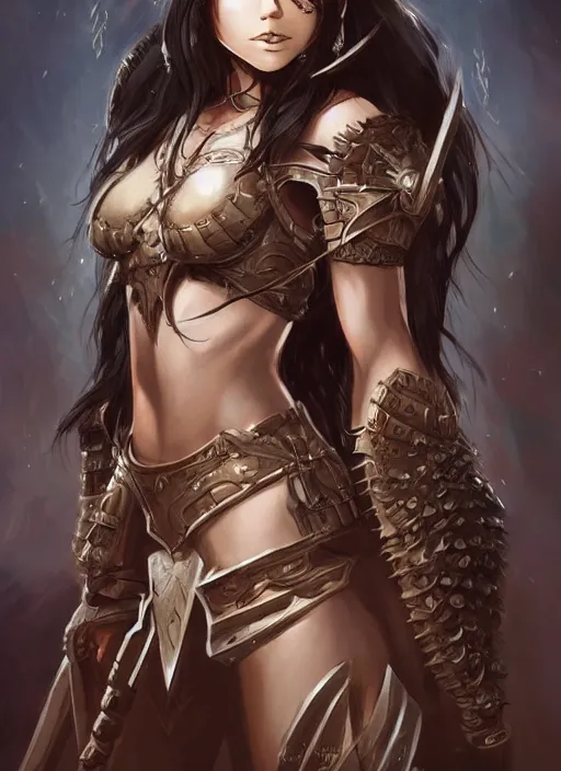 Image similar to beautiful warrior lady, black long hair, practical armor, brown skin, demonic eyes, low fantasy, extremely detailed, sharp focus, smooth, digital illustration, by rossdraws, frank franzzeta, sakimichan