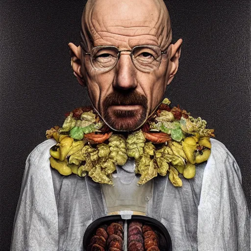 Image similar to giuseppe arcimboldo, walter white, full body shot, studio lightning