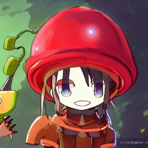 Prompt: cute human robot with big tomato hat and a carrot sword, made in abyss style