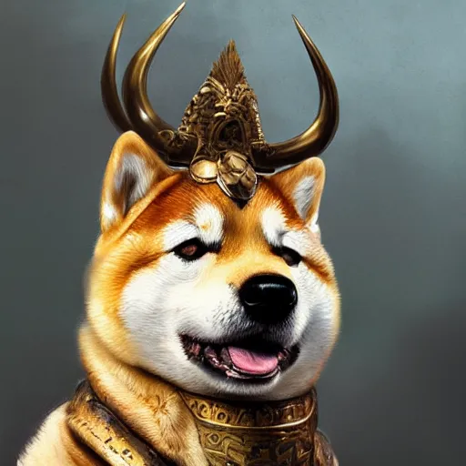 Prompt: detailed photorealistic painting of shiba inu wearing a highly detailed ornamented bronze viking helmet with two horns on head, sharp focus in the style of ruan jia, Mandy jurgens, cinematic light, concept art, trending on artstation, ultra realistic