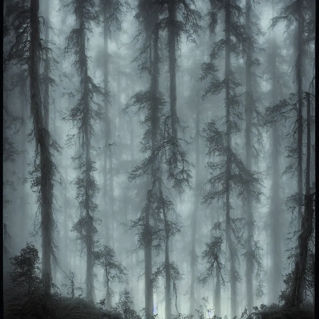 Prompt: a dark enchanted redwood forest at night, forward cinematic angle, thick mist, by rodney matthews, michael kaluta and stephen gammell, ghostly low light, stunning composition, intricate, elegant, digital art, hyperdetailed, colorful hyperrealism, sharp depth of field, 8k