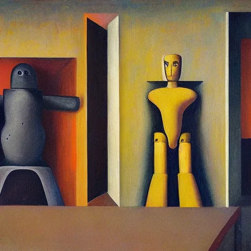 Image similar to three brutalist feline robots portrait, grant wood, pj crook, edward hopper, oil on canvas