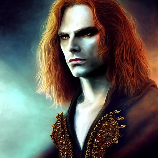 Image similar to majestic gracious regal aristocratic male vampire lestat de lioncourt portrait, atmospheric lighting, painted, menacing, intricate, volumetric lighting, beautiful, rich deep colours masterpiece, golden hour, sharp focus, ultra detailed, by leesha hannigan, ross tran, thierry doizon, kai carpenter, ignacio fernandez rios