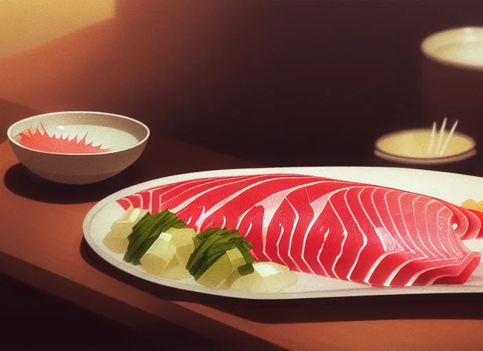 Prompt: a film still portrait of japanese food sashimi, finely detailed features, closeup at the food, perfect art, at a dinner table, gapmoe yandere grimdark, trending on pixiv fanbox, painted by greg rutkowski makoto shinkai takashi takeuchi studio ghibli, akihiko yoshida