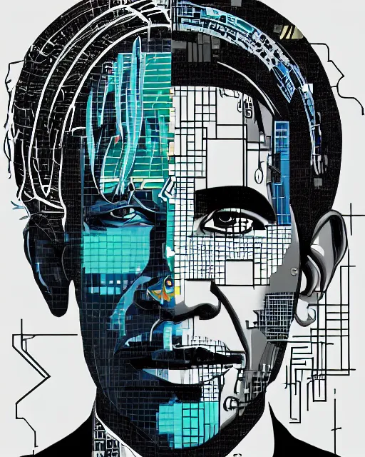 Prompt: a cyberpunk portrait of a obama by jean - michel basquiat, by hayao miyazaki by artgerm, highly detailed, sacred geometry, mathematics, snake, geometry, cyberpunk, vibrant, water