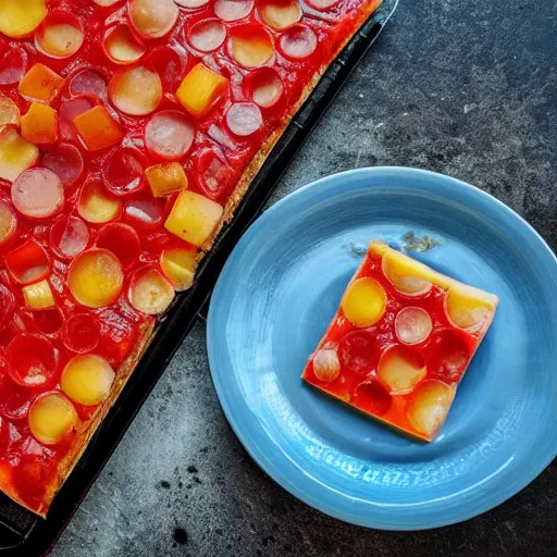 Image similar to high resolution photo of gummy pizza, michelin star, very tasty, food photography, instagram, trending