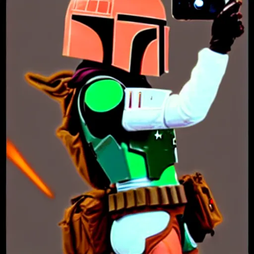 Image similar to boba fett poses as a selfi girl