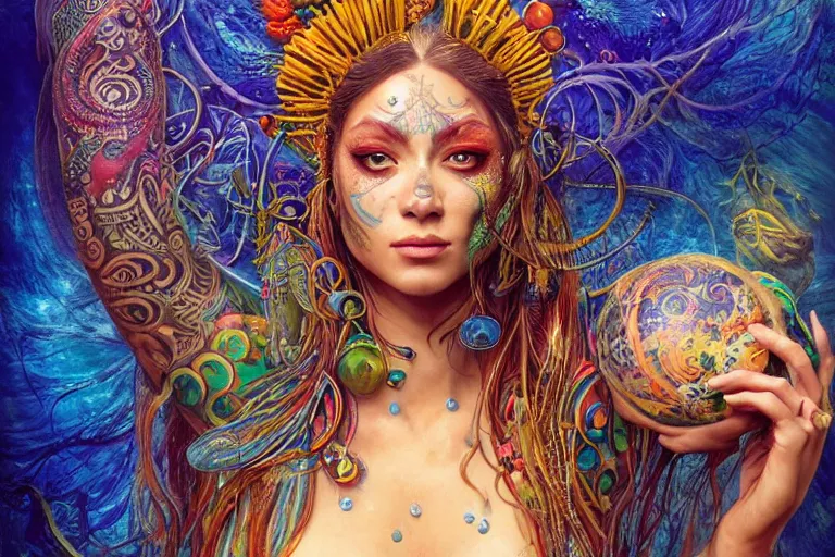 Image similar to a centered full body render of an alluring festival hippy with tribal tattoos surrounded by a underwater ink pour and flowing liquid gallium and sacred geometry, perfect body and face, gorgeous, cinematic, beautifully lit, by artgerm, by karol bak, by donato giancola, 3 d, trending on artstation, octane render, 8 k