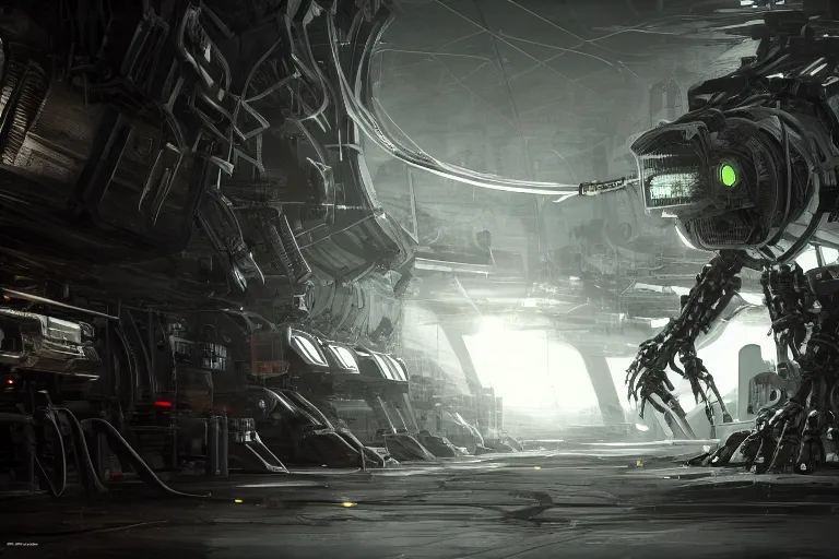 Image similar to robosaurus parallax datacenter server room interior single mono colossus white rusty robot sitting artstation cinematic detailed concept art volumetric light sharp coherent cgsociety symmetric perfect well balanced shadows lotr servers