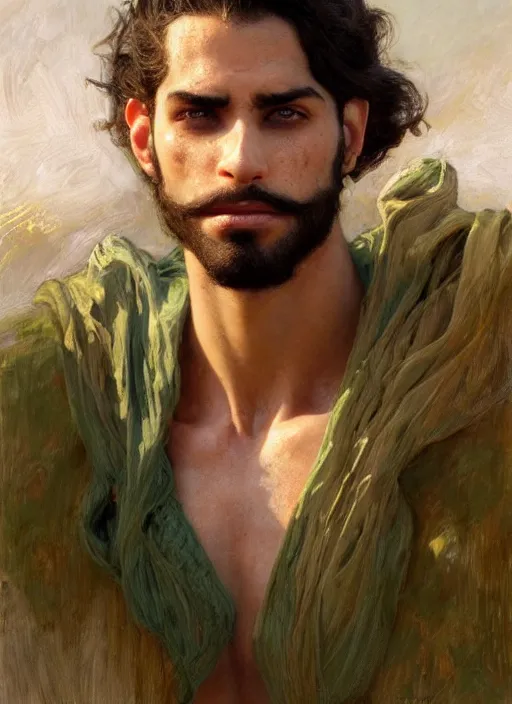 Image similar to detailed cinematic wide shot of muscular attractive young egyptian man beard slim face symmetrical face tanskin green eyes white hair wearing sea clothes, ultra realistic, spring light, painting by gaston bussiere, craig mullins, j. c. leyendecker