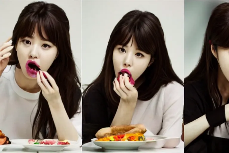 Prompt: Iu Jieun, seductively eating
