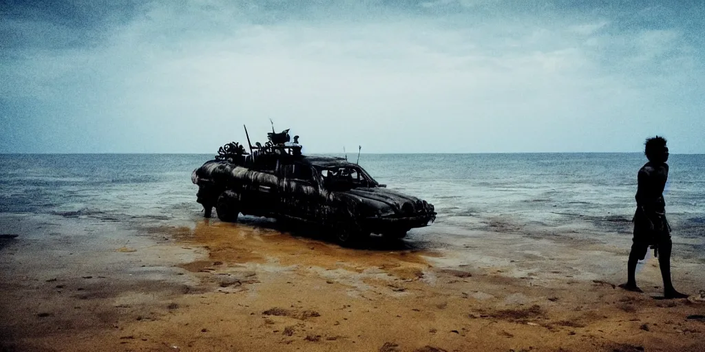 Image similar to sri lankan mad max style, ocean, perspectiv from a big ship, film still, epic shot cinematography, rule of thirds