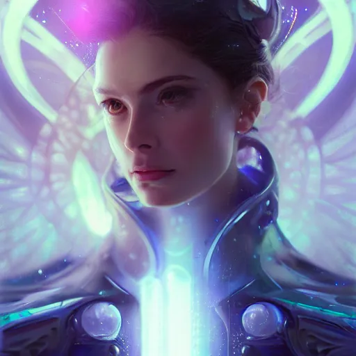 Prompt: portrait of a futuristic fairy, science fiction, smooth technology, smooth body, intricate, headshot, highly detailed, digital painting, artstation, concept art, sharp focus, cinematic lighting, illustration, art by artgerm and greg rutkowski, alphonse mucha, cgsociety
