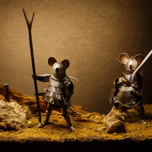 Prompt: photo of a diorama of mice in medieval battle armor, studio lighting, nikon lens, black background