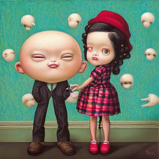 Image similar to a couple and their child portrait, living room wall background, lowbrow art pop surrealism art style, by Mark Ryden and Hikari Shimoda