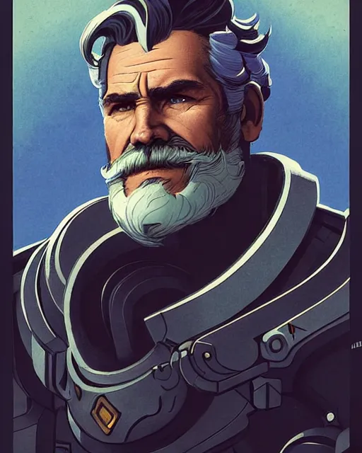 Image similar to reinhardt from overwatch, josh brolin, gray hair and beard, character portrait, portrait, close up, concept art, intricate details, highly detailed, vintage sci - fi poster, vintage sci - fi art, retro future, in the style of chris foss, rodger dean, moebius, michael whelan, and gustave dore