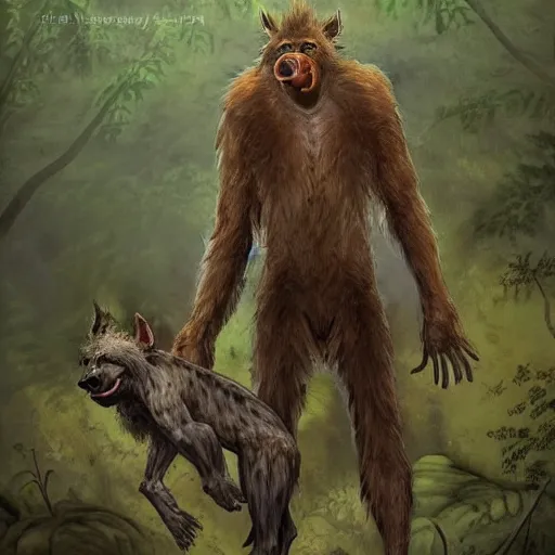 Prompt: “tall Goblin Bigfoot human hyena hybrid with a hyena face and mange holding a spear, jungle background, sickly, orange fur, realistic, nature photography”