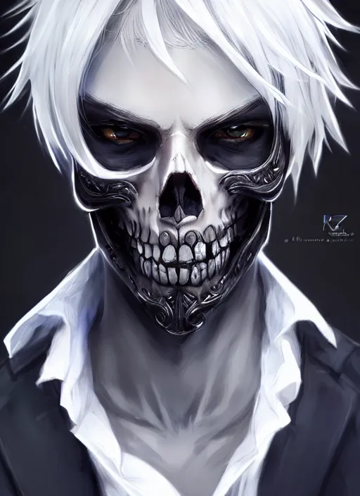 Image similar to highly detailed portrait art of a skull face boy, white hair, black and blue eyes, white shirt, ross tran, krenz cushart,, vd, intricate, digital anime art, sharp focus