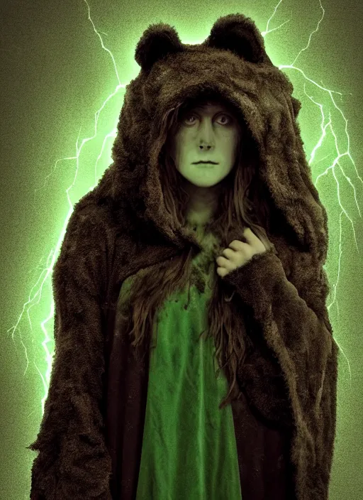 Prompt: character and environment design, portrait 2 0 - year - old dark fantasy female druid, tattered bear hood and robe, full front, green lightning, zeiss 3 5 mm photography