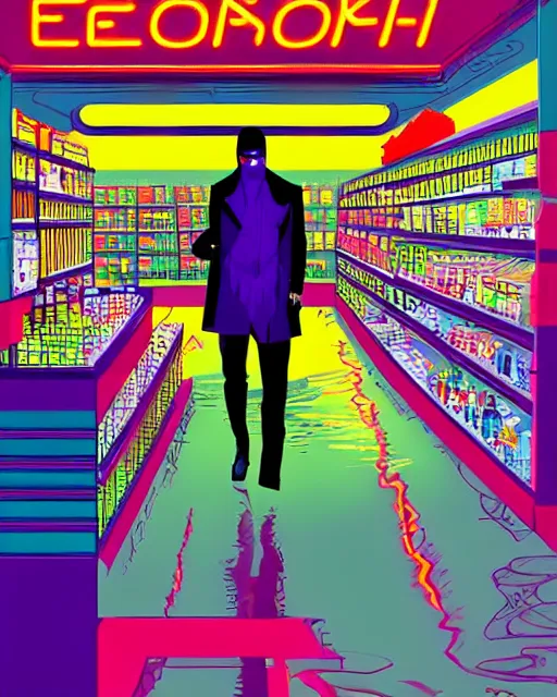 Prompt: cyberpunk man shopping at a neon soaked grocery store, science fiction painting, elegant intricate digital painting artstation, art by patrick nagel, detailed