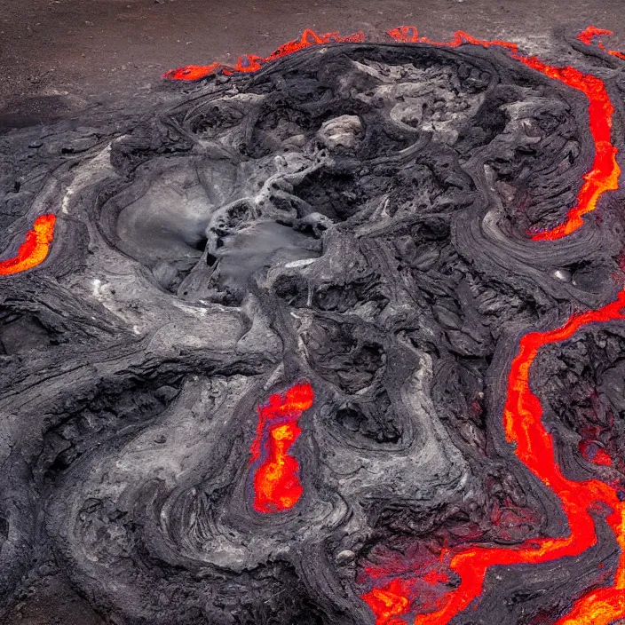 Prompt: wide angle shot of volcano caldera in the form of the punisher skull icon with flowing fountains and rivers of lava. detailed, high art, intricate, artisan