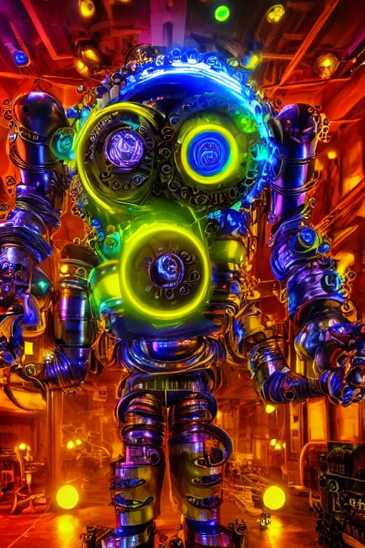 Image similar to photo of a giant huge golden and blue metal steampunk robothead covered with multicolored tubes and gears, eyes are glowing red lightbulbs, arms are made of guitars, shiny crisp finish, 3 d render, 8 k, insaneley detailed, fluorescent colors, background is multicolored lasershow