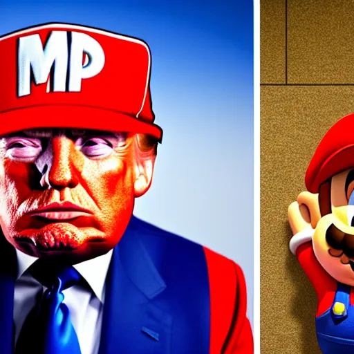 Image similar to uhd candid photo of hyperdetailed photorealistic donald trump dressed as super mario. correct face, cinematic lighting, photo by annie leibowitz, and steve mccurry.