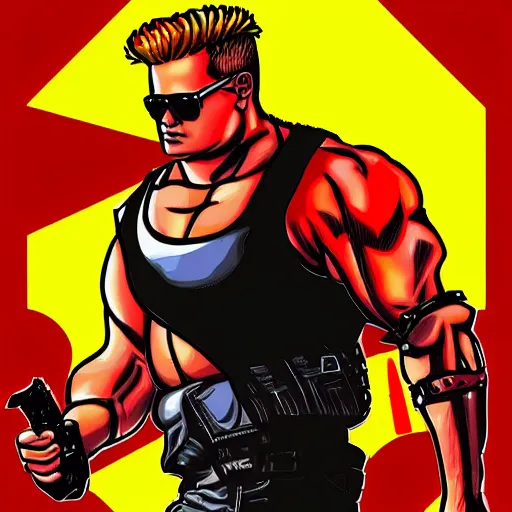 Image similar to Duke Nukem, red tank-top, Duke Nukem 90s cover art style