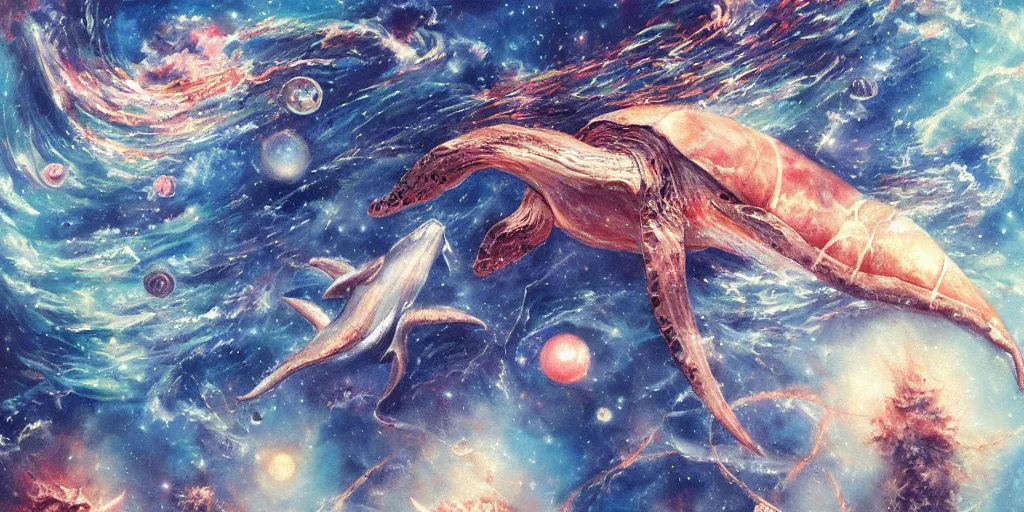 Image similar to detailed painting of aquatic animals swimming in space, whales, turtles, sting rays, colorful nebulas, planets, in the style of ayami kojima, artem demura