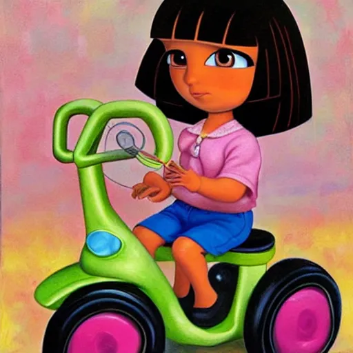 Prompt: Dora The Explorer on a tricycle, lowbrow painting by Mark Ryden