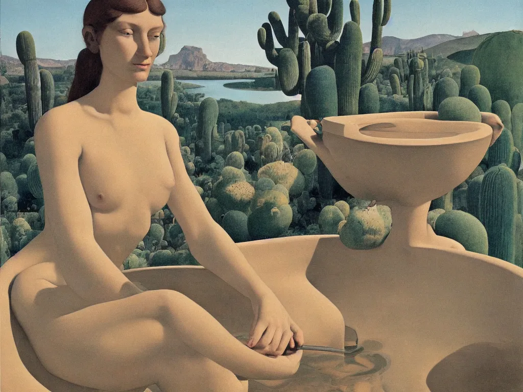 Image similar to Woman sculpted by Henri Moore taking a milk bath alone in a strange, giant ceramic basin sculpted river. Alien, selenar, crater landscape with efflorescent strange cacti. Blue light. Painting by Georges de la Tour, Alex Colville, Balthus