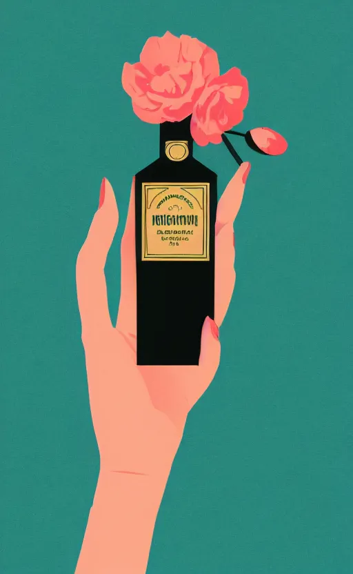 Image similar to illustration with hand holding beautiful bottle of perfume near nose, sniffing the aroma, an art deco painting by tom whalen, trending on behance, art deco, digital illustration, storybook illustration, grainy texture, flat shading, vector art, airbrush, pastel, watercolor, poster