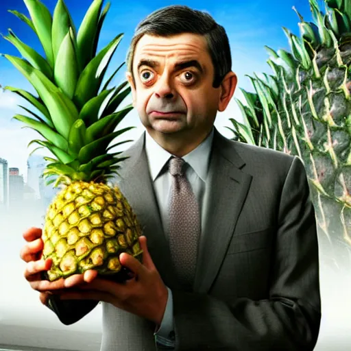 Prompt: rowan atkinson as mr. beans stealing a pineapple from target store, johnny english, focused face, realistic photo, uhd