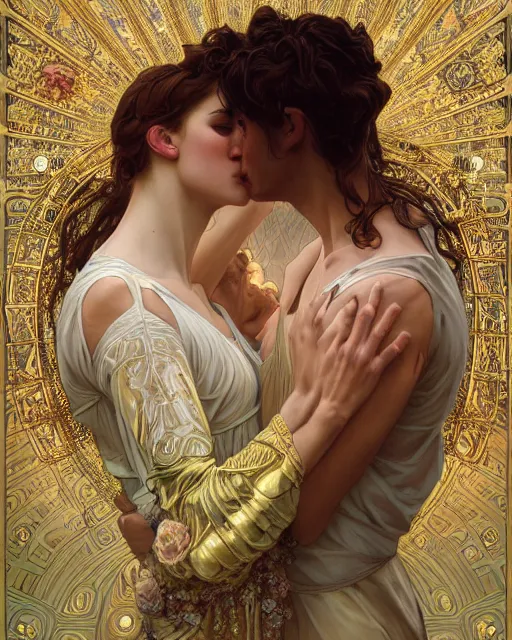 Image similar to the kiss | highly detailed | very intricate | art nouveau | gold filigree | romantic storybook fantasy | soft cinematic lighting | award - winning | painted by mandy jurgens and alphonse mucha and alena aenami | pastel color palette | featured on artstation