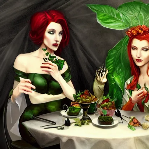 Image similar to a beautiful picture of doctor poison ivy professor of botany and doctor liliana onyx professor of demonology having lunch, academic clothing, dark eyeliner, intricate, elegant, highly detailed, digital painting, artstation, concept art, matte, sharp focus, illustration, art in a baroque style