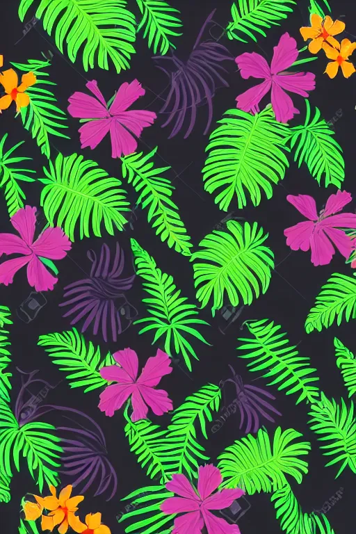 Image similar to sombre detailed vector illustration of photorealistic robotic tropical flowers and green wirey leaves, multiple cohesive colors ranging from warms purples to bright oranges on a ((very dark black factory background)), 4K resolution, trending on artstation, hd wallpaper