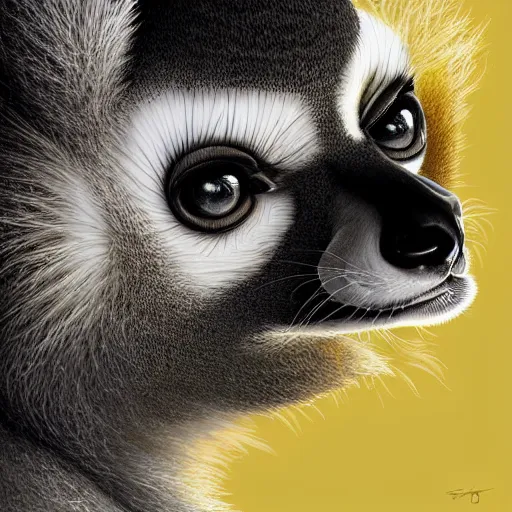 Prompt: Geometric lemur portrait, sun in the background, intricate, elegant, highly detailed, digital painting, artstation, concept art, smooth, sharp focus, illustration, art by artgerm
