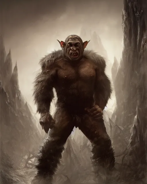 Image similar to A full body shot of a handsome orc looking into the camera wearing a leather fur jacket and boots, full body shot, detailed face, artstation, realistic, highly detailed, symmetrical, hyper realistic, dynamic pose, high detail, octane render, unreal engine, 8k, fantasy art, highly detailed, concept art, art by greg rutkowski