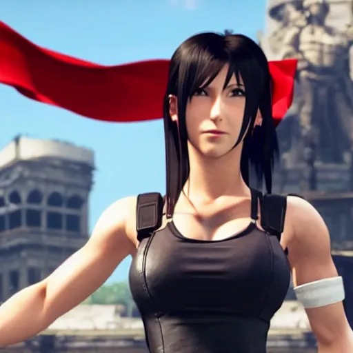 Image similar to Tifa Lockhart from Final Fantasy VII Remake looking at the Italian flag and chuckling to herself