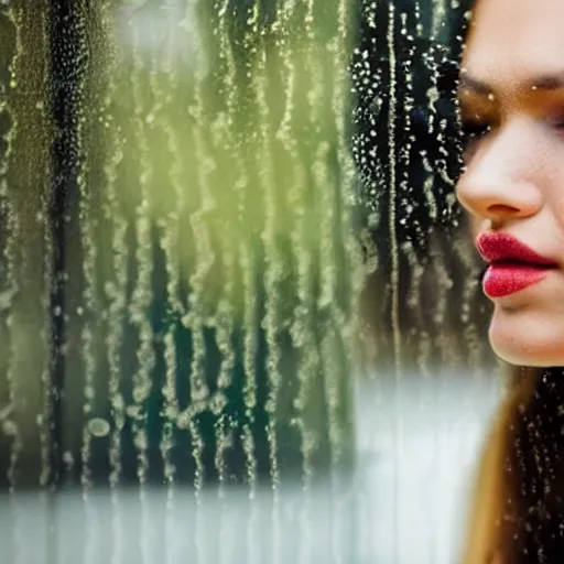 Image similar to a beautiful woman photographed through a rainy window, bokeh,