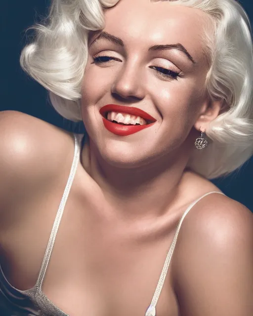 Image similar to Beautiful Head and shoulders portrait of smiling flirty seductive Marilyn monroe with platinum blonde hair, wearing a camisole by arney freytag, artstation, 35mm, fashion photoshoot, laying on a bed in a photo studio, golden hour, bokeh, rim lighting, fashion pose, octane, 4k
