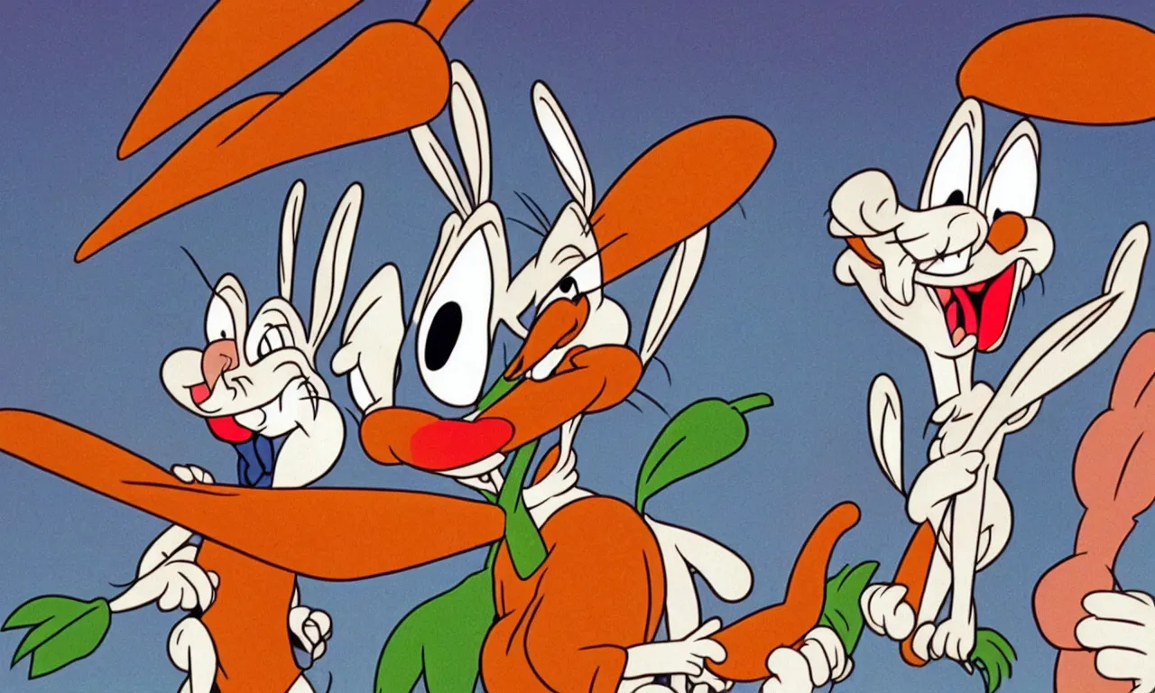 Prompt: Bugs Bunny smiling while holding a carrot, Looney Tunes