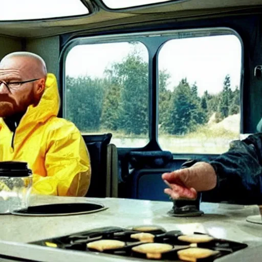 Image similar to walter white and jessie pinkman cooking meth in their rv,