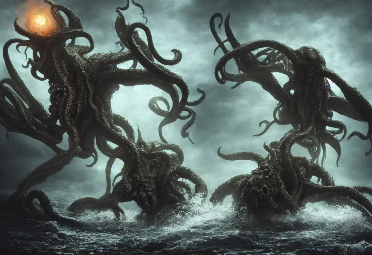 Image similar to concept art of cthulhu emerging from the ocean, omnious old photo, cinematic lighting, apocalyptic, atmospheric, hyper realism, realistic, octane render, dramatic lighting, highly detailed, cinematic