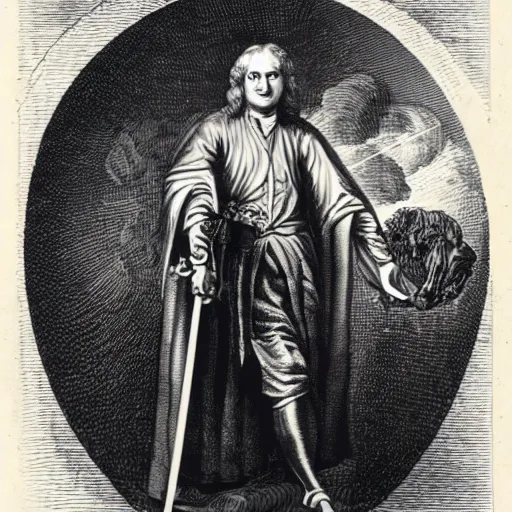 Image similar to an engraving of sir isaac newton as a jedi knight