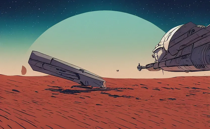 Image similar to very detailed, ilya kuvshinov, mcbess, rutkowski, simon roy, illustration of a giant crashed space ship on a desert planet, wide shot