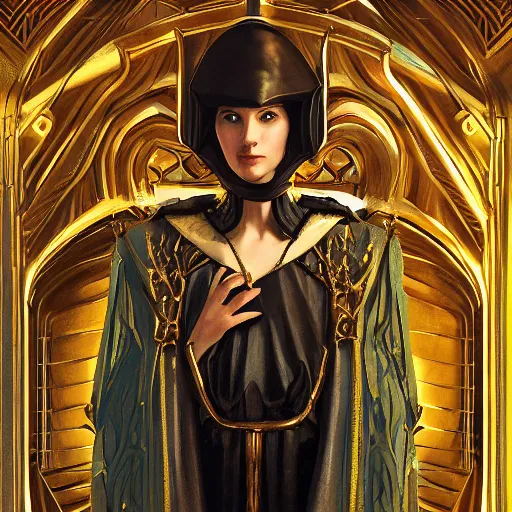 Prompt: closeup portrait of beautiful aristocrat wearing minimalist byzantine outfit inside bronze art deco arcology, science fiction concept art by j. c. leyendecker, greg rutkowski, deak ferrand, anato finnstark, and rembrandt