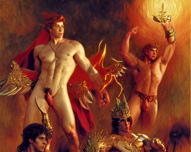 Image similar to attractive male deity, casting demonic magic, summoning ( muscular ) lucifer morning star, as they battle over the earthly realm, highly detailed painting by gaston bussiere, craig mullins, j. c. leyendecker, tom of finland