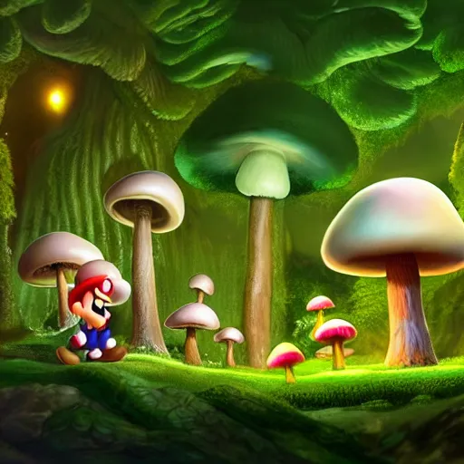 Image similar to mushroom kingdom from mario, digital art, giant green and white spotted mushrooms, at night, exotic flowers and plants, sprites, irina french, cinematic lighting, heraldo ortega, mandy jurgens trending on artstation 8 k 1 5 0 mpx